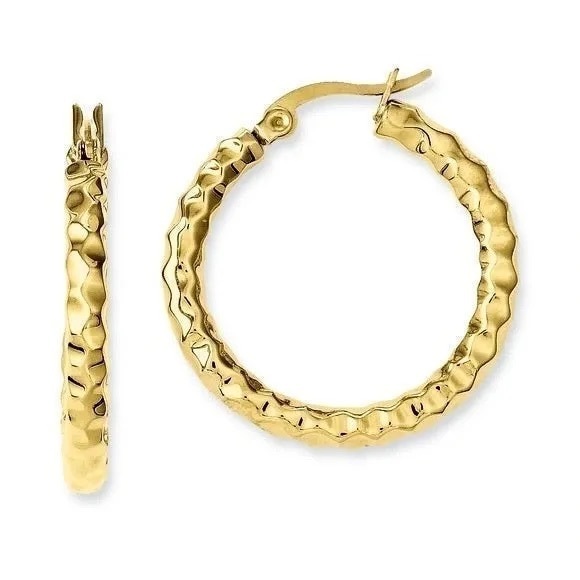 HOOP EARRINGS GOLD PLATED HAMMERED WOMANS IP PVD ION PLATED STAINLESS STEEL - Picture 8 of 10